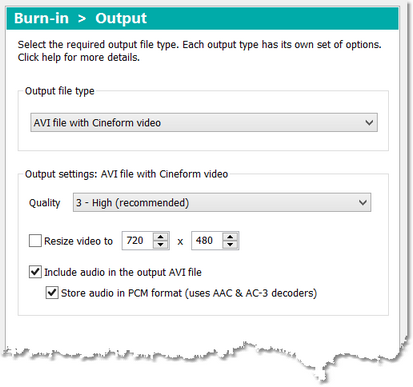 Output settings: AVI file with Cineform video